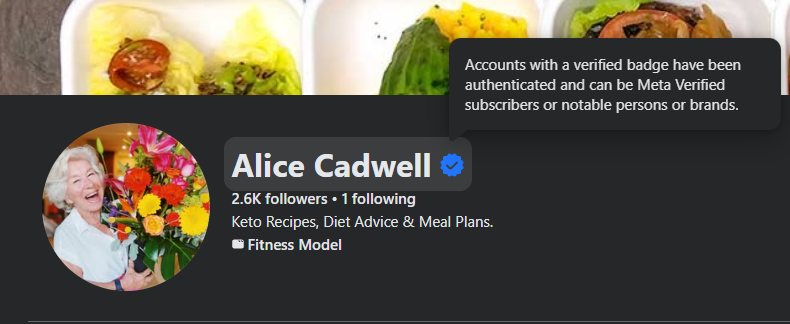 Meta's tooltip on the blue badge: accounts with a verified badge have been authenticated and can be Meta Verified subscribers or notable persons or brands.